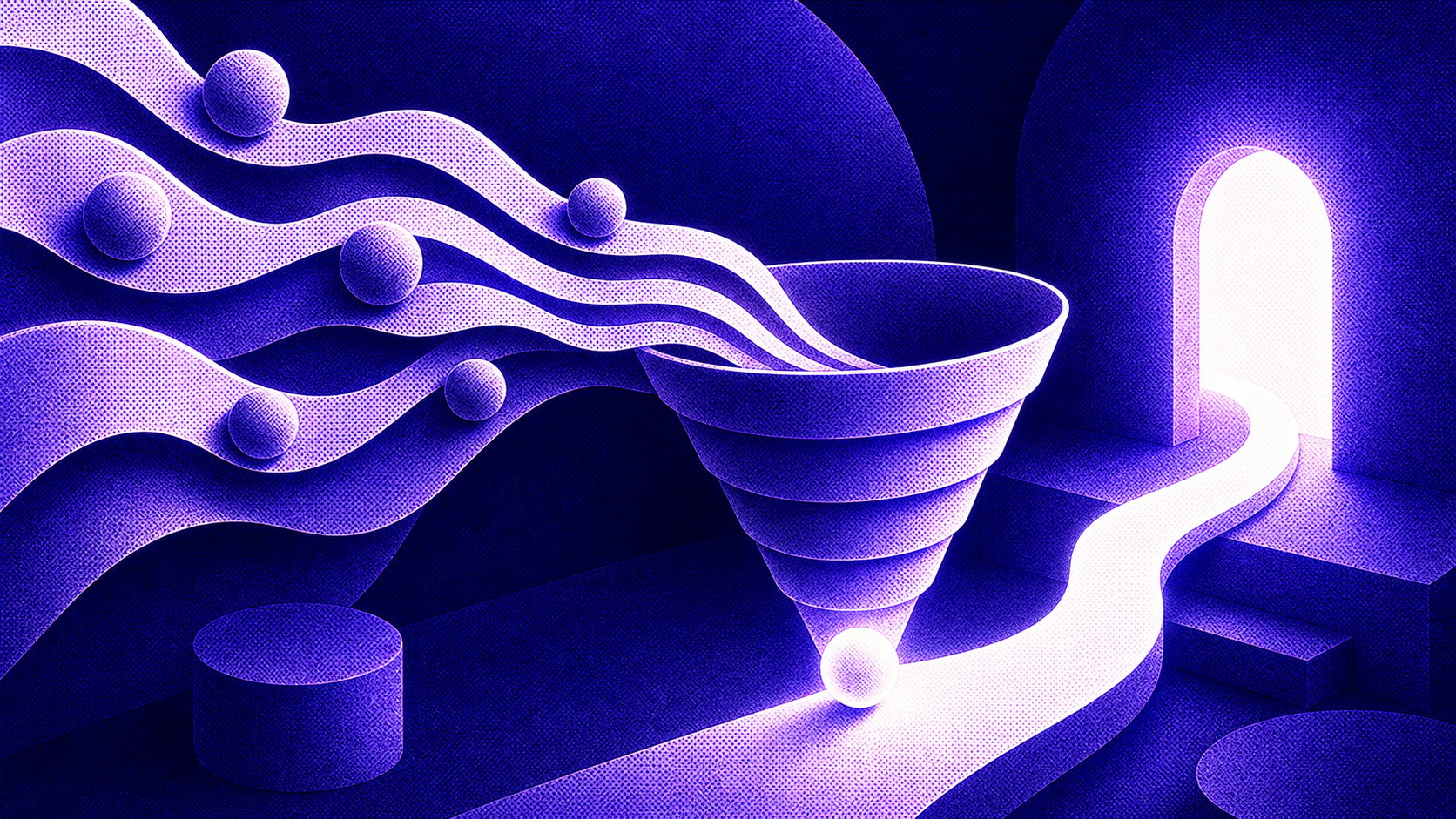 Illustration d'un funnel conversationnel WhatsApp reliant une visite web à un rendez-vous qualifié
