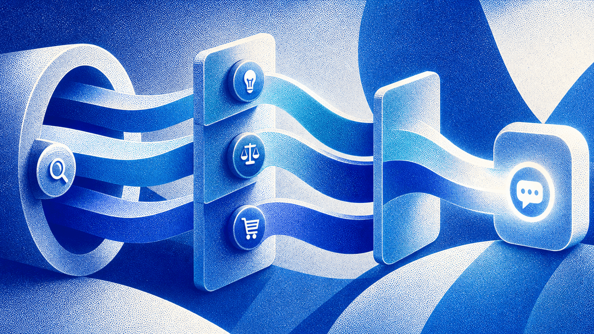 Illustration d'une équipe qui relie intention de recherche, contenu SEO et conversation WhatsApp