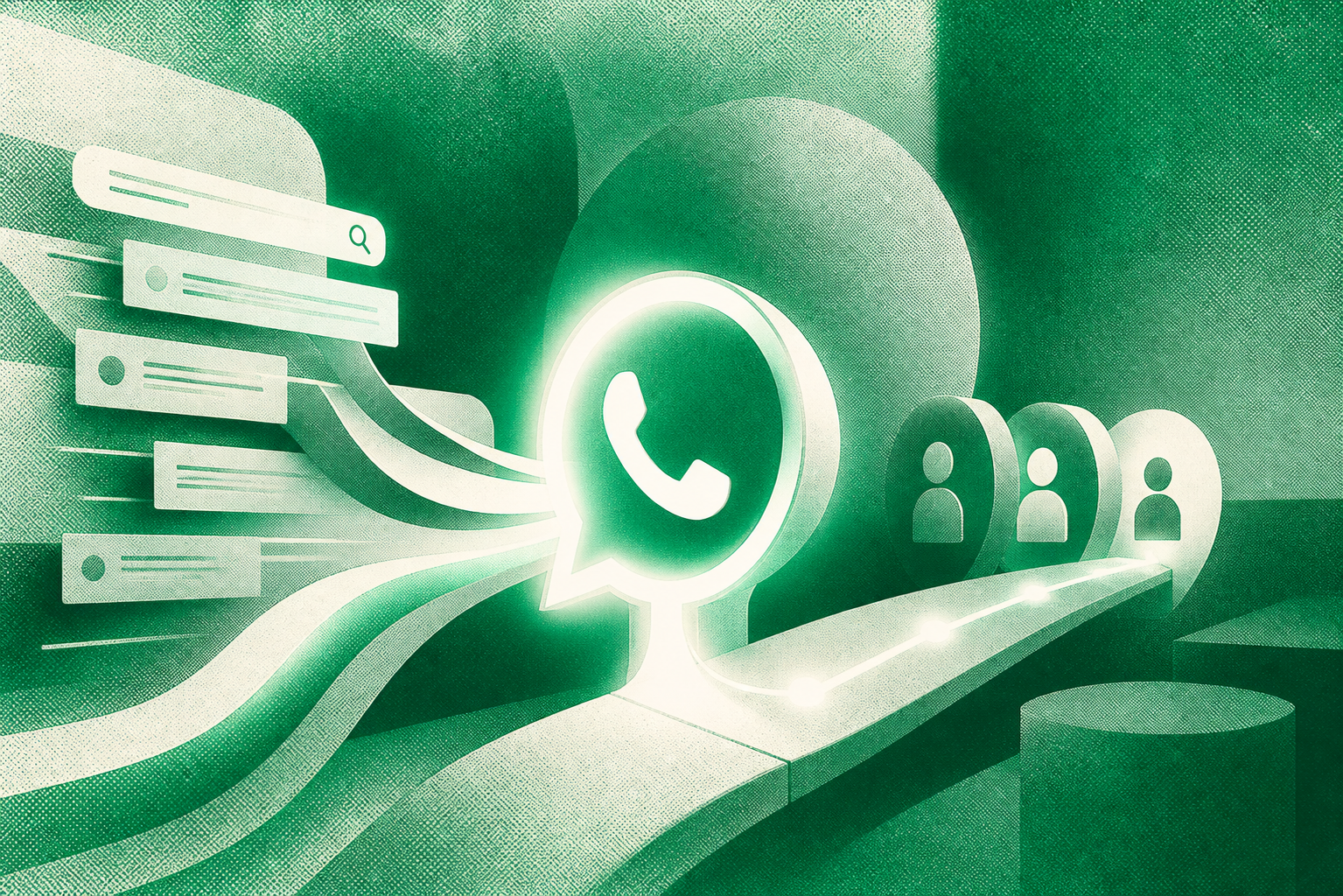 Illustration d'un logiciel inbound WhatsApp reliant recherche organique, conversation et pipeline commercial