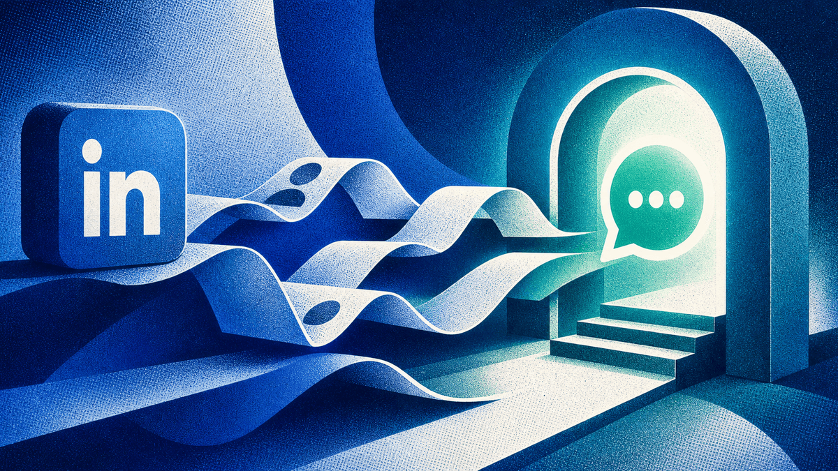 Illustration SaaS d'une prospection LinkedIn transformée en conversation WhatsApp qualifiée