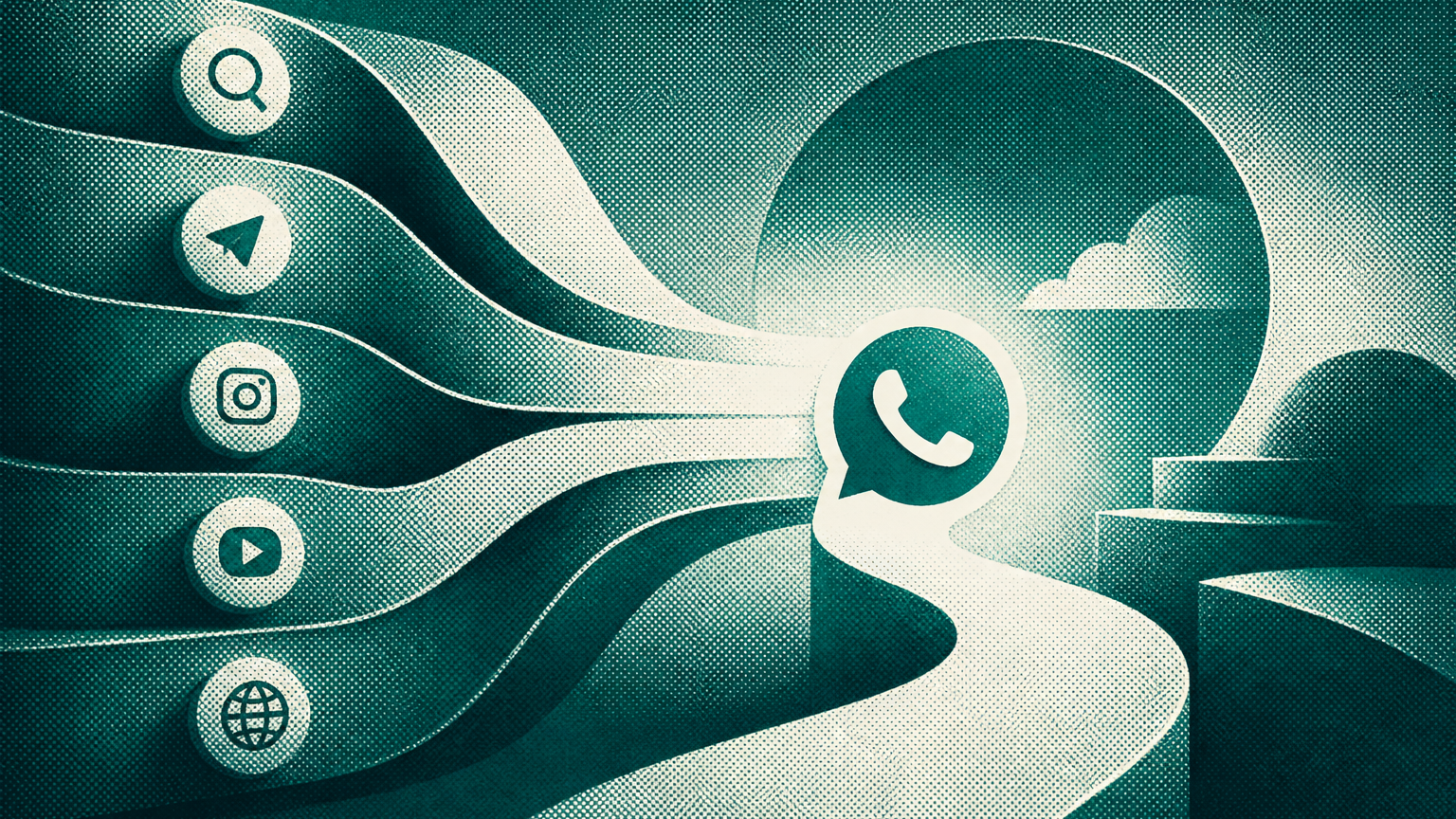 Plusieurs canaux organiques convergent vers un chemin conversationnel WhatsApp